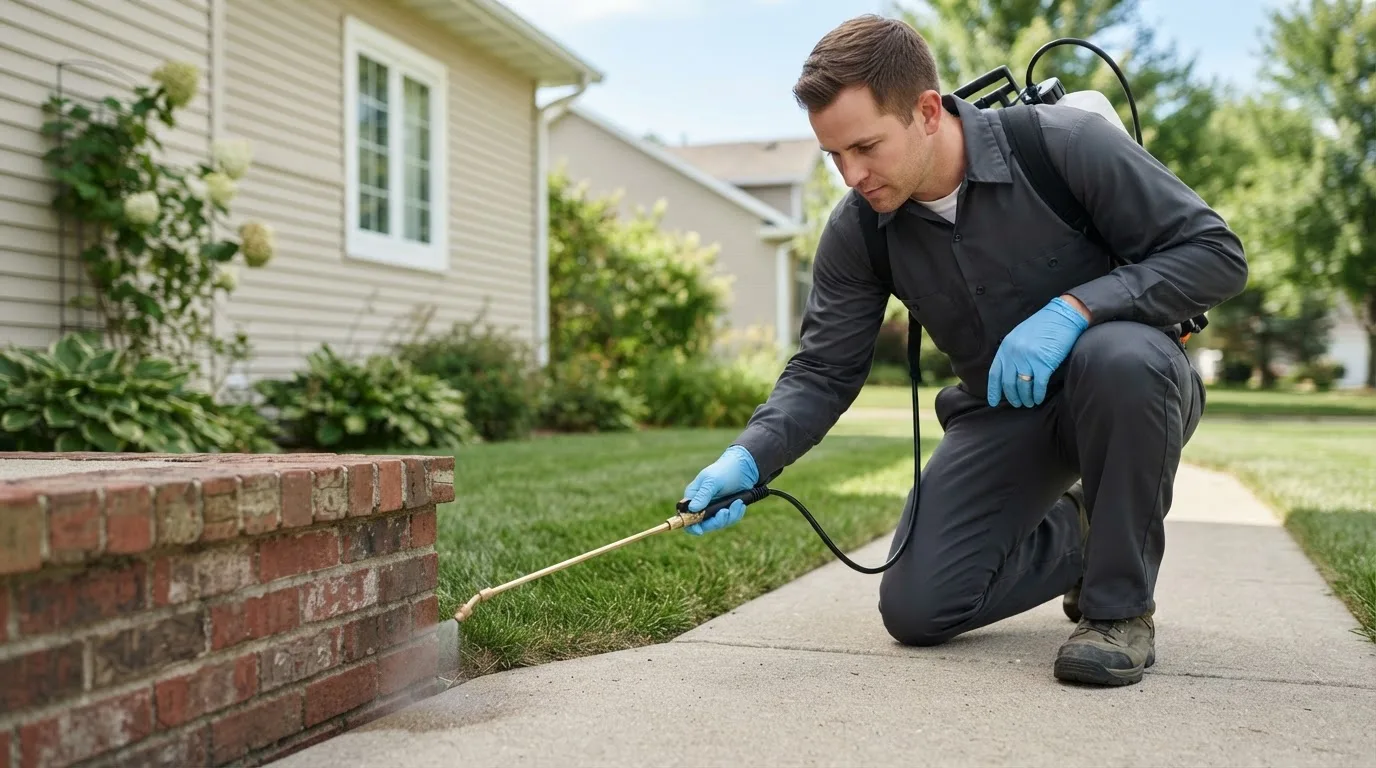 Pest control technician treating a home near Allen, NE